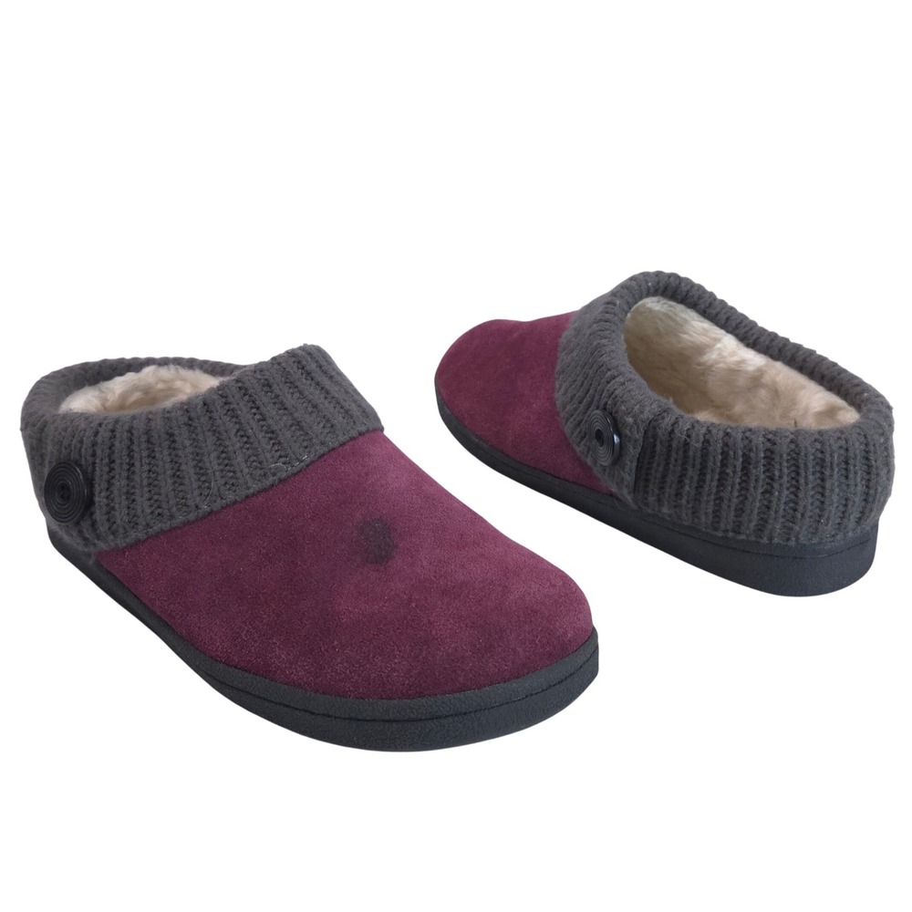 Clarks Suede Faux Fur Clog Women 11M Knit Collar Slippers Burgundy Cozy Cabin